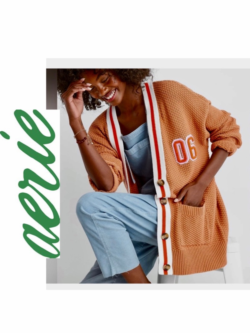 Aerie Varsity Waffle Knit Cardigan Sienna Brown '06 Patch Sz XL Retro Sporty